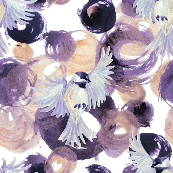 Abstract watercolor golden and purple circles with birds — Stock Photo, Image