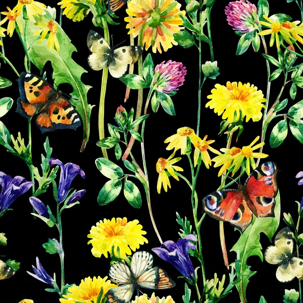 초원 수채화 꽃과 나비 원활한 패턴 — 스톡 사진