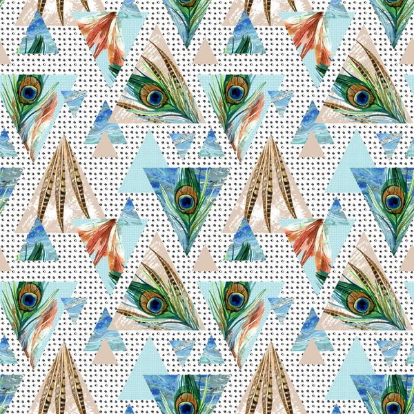 tüyler, grunge ve suluboya dokuları ile üçgen dikişsiz desen.