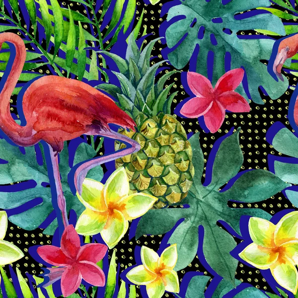 Tropikal suluboya ananas, çiçek ve yaprakları gölgeler ile — Stok fotoğraf