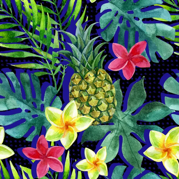 熱帯水彩画パイナップル、花と葉の影で — ストック写真
