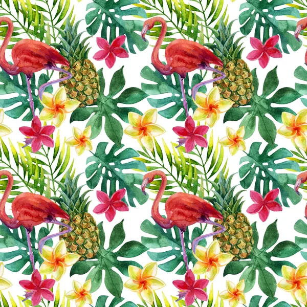 Tropische aquarel ananas, bloemen en bladeren met schaduwen — Stockfoto