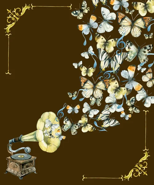 Vinyl gramophone and butterflies illustration — Stock Photo, Image