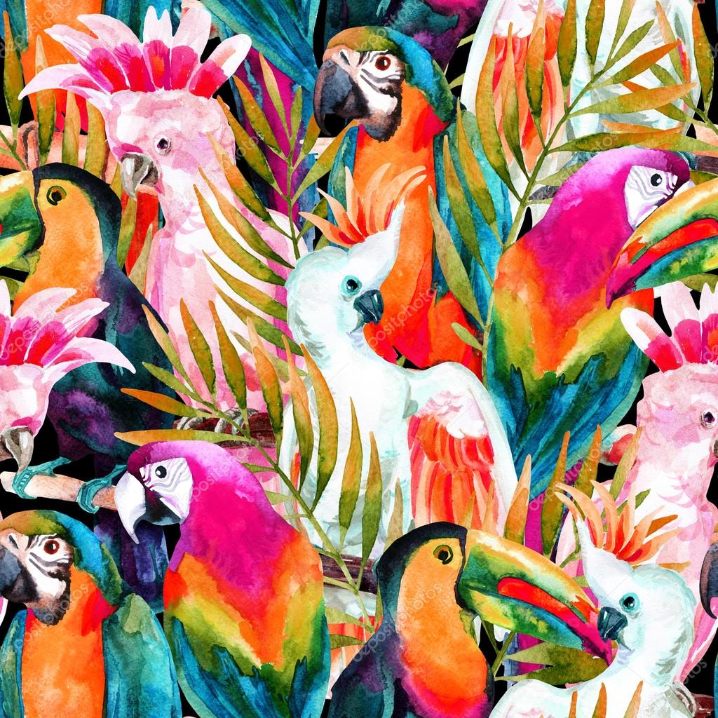 watercolor parrots seamless pattern