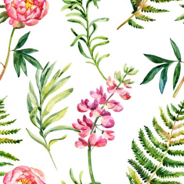 Sulu Boya vahşi Bahçe çiçek seamless modeli.