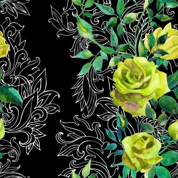 Жовті троянди на бароковому орнаменті. Безшовний візерунок — стокове фото