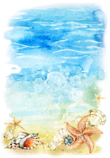 Illustration de plage aquarelle avec coquillages et étoiles de mer — Photo