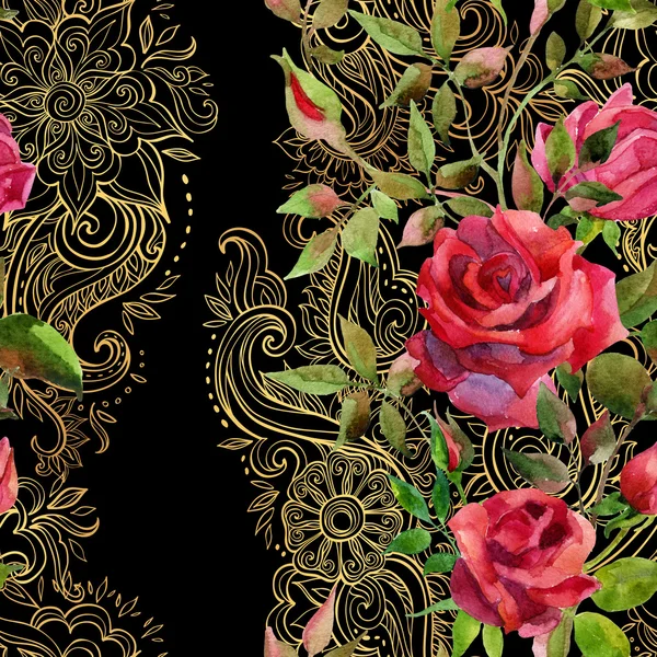 Red roses on golden ornament. Seamless pattern — Stock Photo, Image