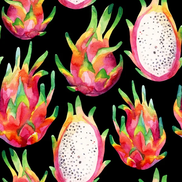 Watercolor dragon fruit seamless pattern on black background — Stock Photo, Image