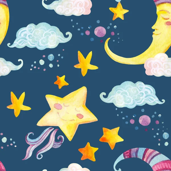 Ακουαρέλα παραμύθι χωρίς ραφή πρότυπο με μαγικό ήλιος, Σελήνη, χαριτωμένο μικρό αστέρι και νεράιδα σύννεφα — Φωτογραφία Αρχείου