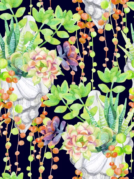 수채화 succulents 원활한 패턴. — 스톡 사진