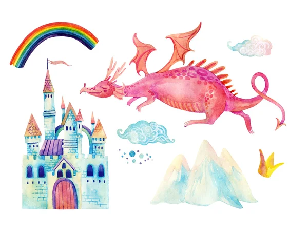 Watercolor fairy tale collection with cute dragon, rainbow, magic castle, little princess crown, mountains and fairy clouds — Stock Photo, Image