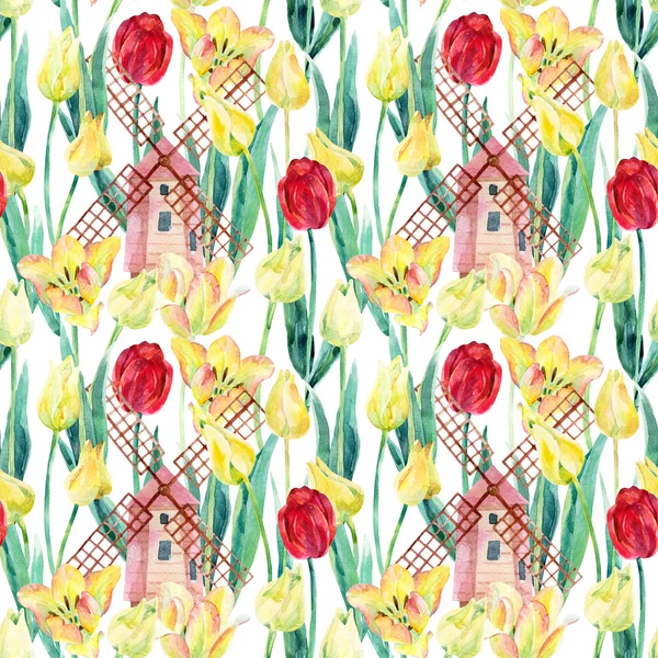 Acquerello campo tulipani colorati con vecchi mulini a vento — Foto Stock