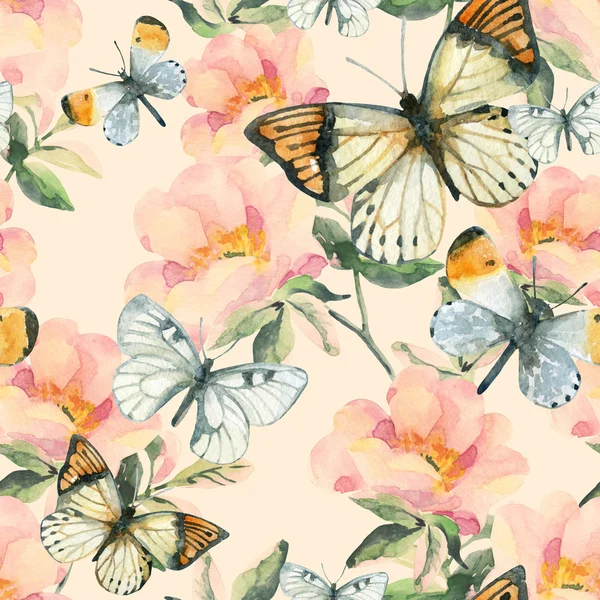 Акварель бриарные цветы и бабочки бесшовный узор. Ветви собачьей розы в винтажном стиле — стоковое фото