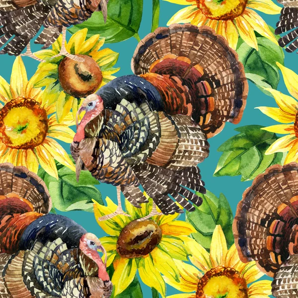 Aquarel Turkije met zonnebloemen naadloze patroon — Stockfoto