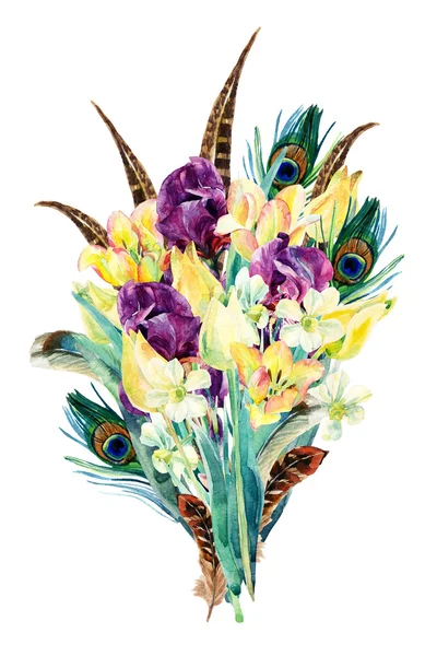 Μπουκέτο με λουλούδια ακουαρέλα, σχεδιασμός κήπου κάρτας — Φωτογραφία Αρχείου
