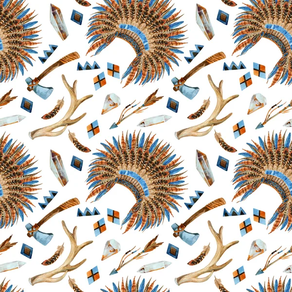 Stamm-Aquarell nahtloses Muster mit indianischen Kopfschmuck, Pfeil, Tomahawk, Edelstein, Federn und Ornamenten. — Stockfoto