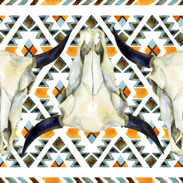 Geometrical ethnic seamless pattern with cow skull — Stock Photo, Image