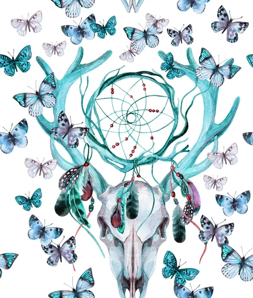 Deer skull seamless pattern. Animal skull with dreamcather and butterfly. — Stock Photo, Image