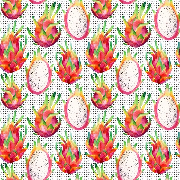 Aquarell Drachenfrucht nahtloses Muster auf Doodle-Hintergrund — Stockfoto