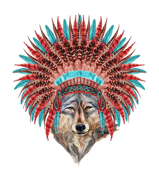 Wolf in Native American Headdresses — Stockfoto