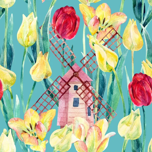 Akvarell színes tulipán mező a régi szélmalmok — Stock Fotó