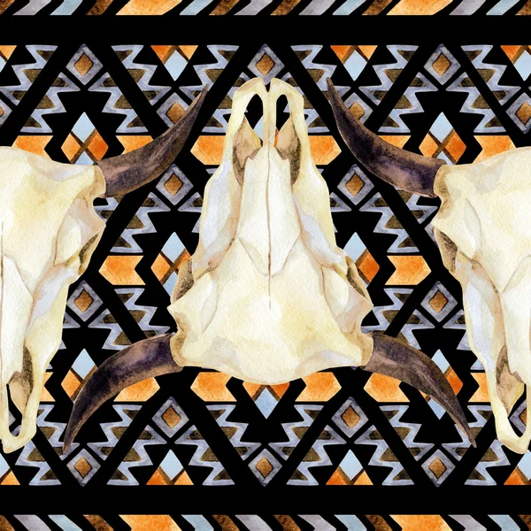 Geometrical ethnic seamless pattern with cow skull — Stock Photo, Image