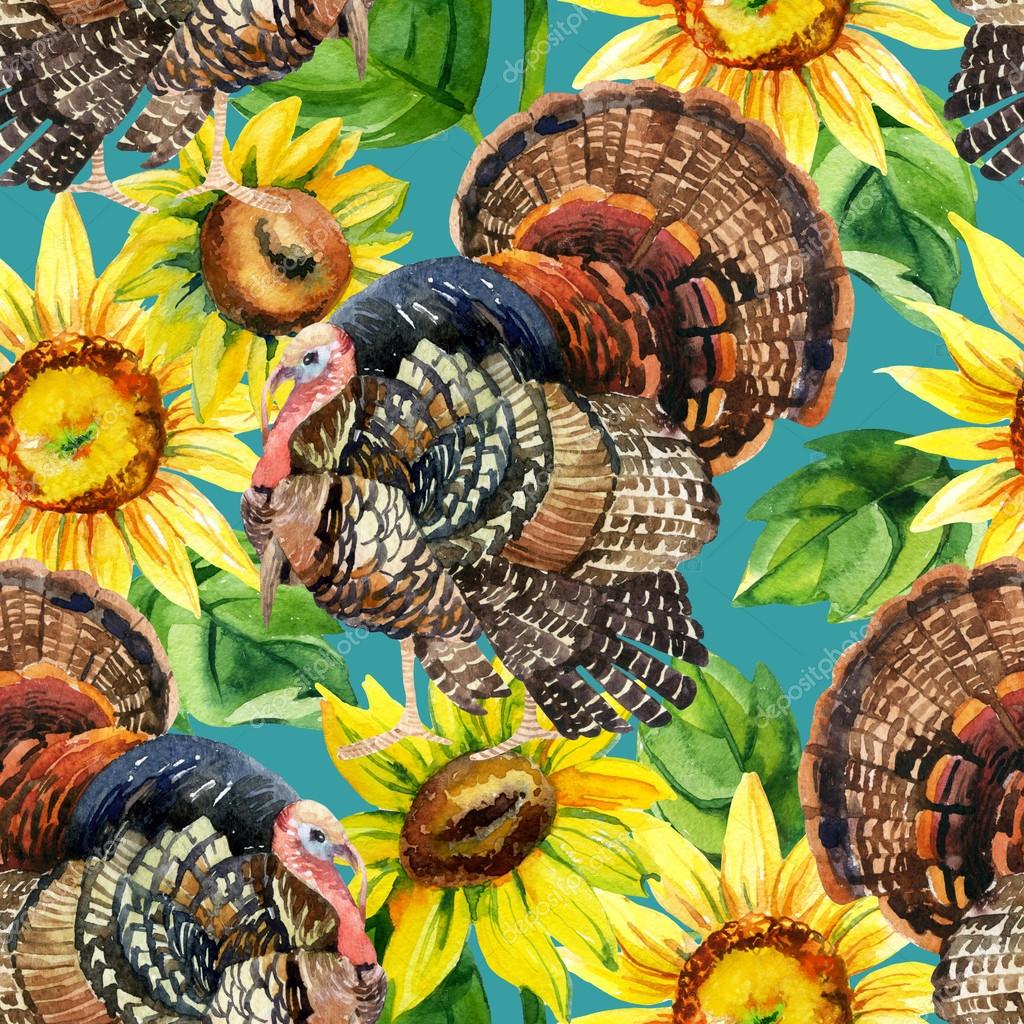 Watercolor turkey with sunflowers seamless pattern Stock Photo by