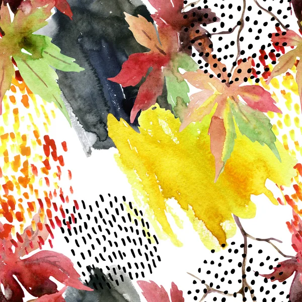Autumn watercolor Japanese maple leaf and doodle seamless pattern — Stok Foto