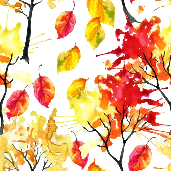 Aquarel herfst bomen en bladeren naadloze patroon — Stockfoto