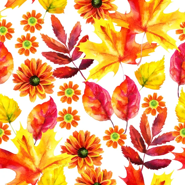 Daun musim gugur dan bunga warna air pola mulus — Stok Foto