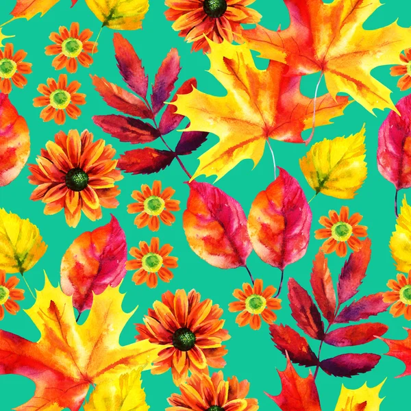 Осіннє листя і квіти безшовний акварельний візерунок — стокове фото