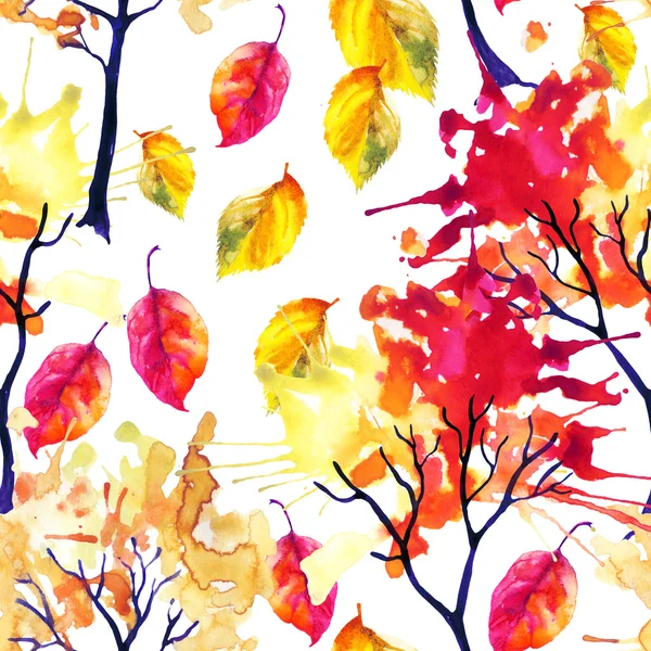 Suluboya sonbahar ağaçları ve yaprakları seamless modeli — Stok fotoğraf