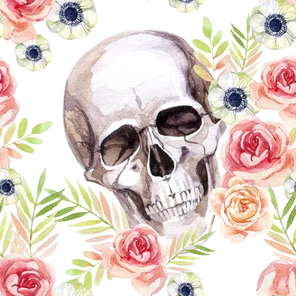 Watercolor human skull among the flowers seamless pattern. — Stock Photo, Image