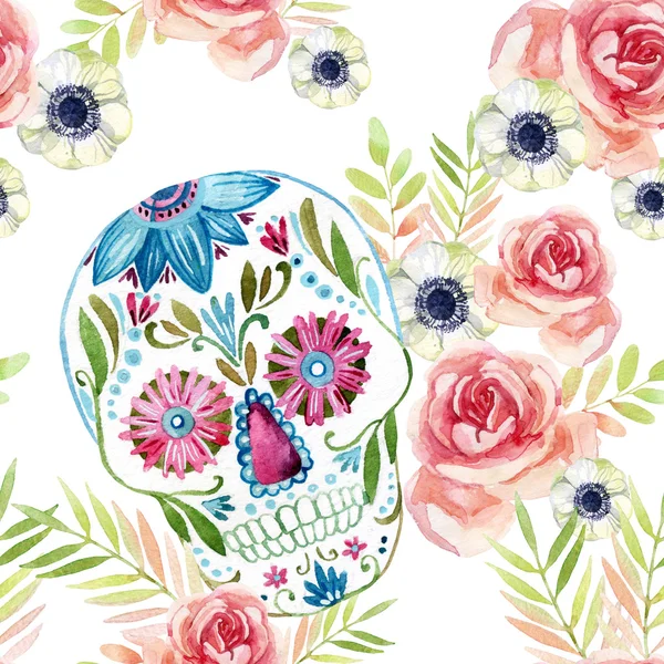 Cráneo de azúcar mexicano acuarela entre las flores patrón sin costuras . — Foto de Stock
