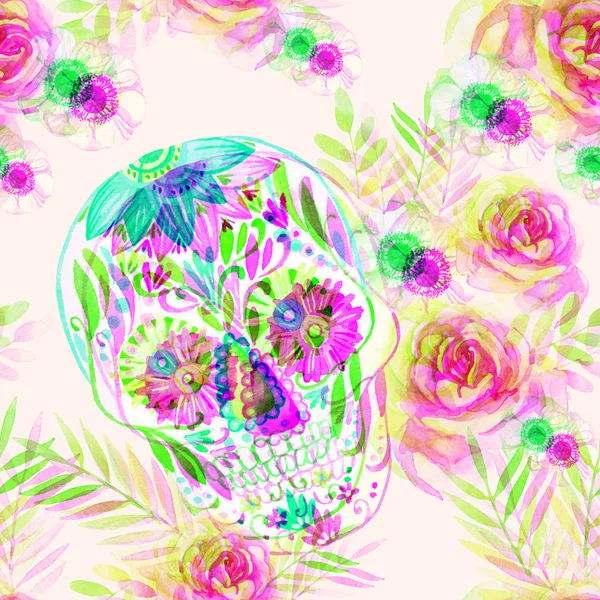 Watercolor mexican sugar skull among the flowers seamless pattern. — Stock Photo, Image