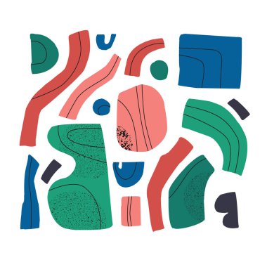 Soyut şekiller, element vektör çizimleri ayarlandı. El çizimi soyut sanat kolajı retro renkte. Beyaz arkaplanda izole edilmiş organik, doğa geometrik şekiller, grunge deseni..