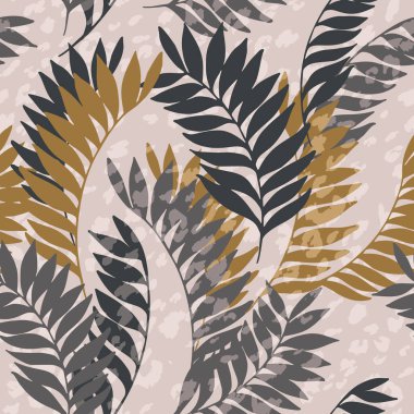 Koyu tropikal desenli. Palmiye yapraklı, hayvan derisi izli, soyut tropikal çiçekli yaratıcı bir arka plan. Yüzey tasarımı, kumaş, hediye paketi, duvar kağıdı için dijital vektör sanatı