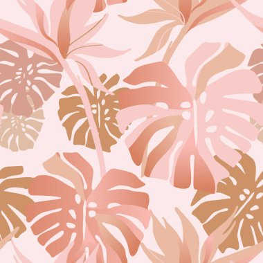 Golden rose blush tropical flowers, leaves seamless pattern. Hand drawn abstract tropical summer background: monstera leaf, bird-in-paradise flower with glossy gradient effect Vector art illustration