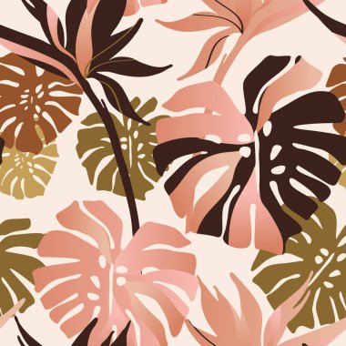 Abstract tropical flowers, leaves seamless pattern. Hand drawn abstract tropical summer background: monstera leaf, bird-in-paradise flower with glossy gradient effect Vector art illustration clipart