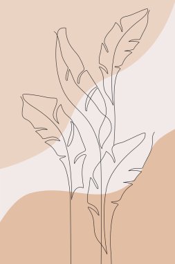 Soyut muz yaprakları bir çizgi halinde sanat ve kolaj tarzında. Tropikal yapraklar, akışkan soyut şekillere sahip. Asgari biçimdeki vektör yeşillendirmesi