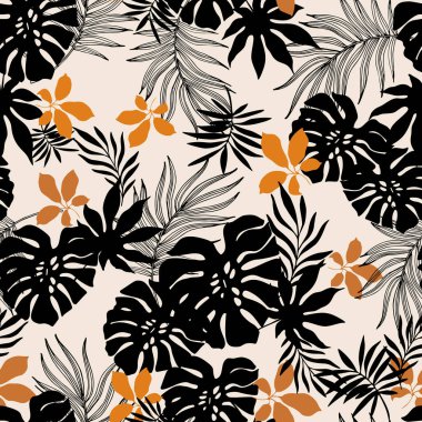 Tropikal doğa kusursuz desen. El çizimi tropikal yaz arkaplanı: avuç içi, canavar yaprakları siluet, çizgi sanat tarzları. Siyah, beyaz, altın renkli vektör tropikleri