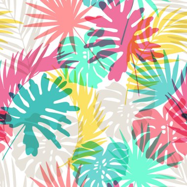 Doğal orman pürüzsüz desen. El çizimi soyut tropikal yaz arkaplanı: renkli palmiye, canavar, fan palmiye yaprağı siluetleri. Gradyan renk olarak vektör sanatı çizimi El çizimi tropikal tasarım