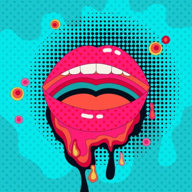Melez pop sanatında komik dudaklar, psikedelik tarzda. Ağzı açık, dişleri açık, boya damlıyor, benekli desenler var. Moda, poster ve şablon tasarımı için cesur vektör çizimi