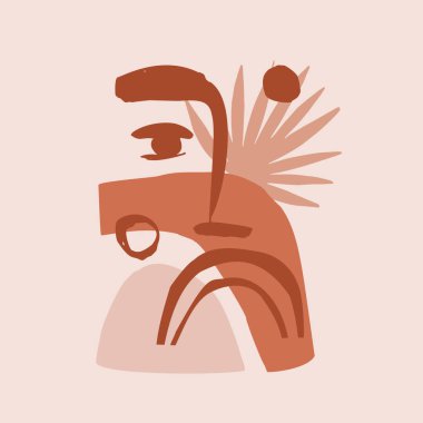 Geometrik kübizm tarzında soyut kadın portresi. Geometrik şekilli doğal güzellik siluetleri, tropikal palmiye yaprakları, çizgiler, daireler, karalamalar. Vektör çağdaş illüstrasyon