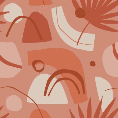 Soyut geometrik dikişsiz desen. Pastel renkli geometrik şekiller, tropikal palmiye yaprağı, çizgiler, daireler, karalamalar. Asgari kübizm biçiminde çağdaş illüstrasyon