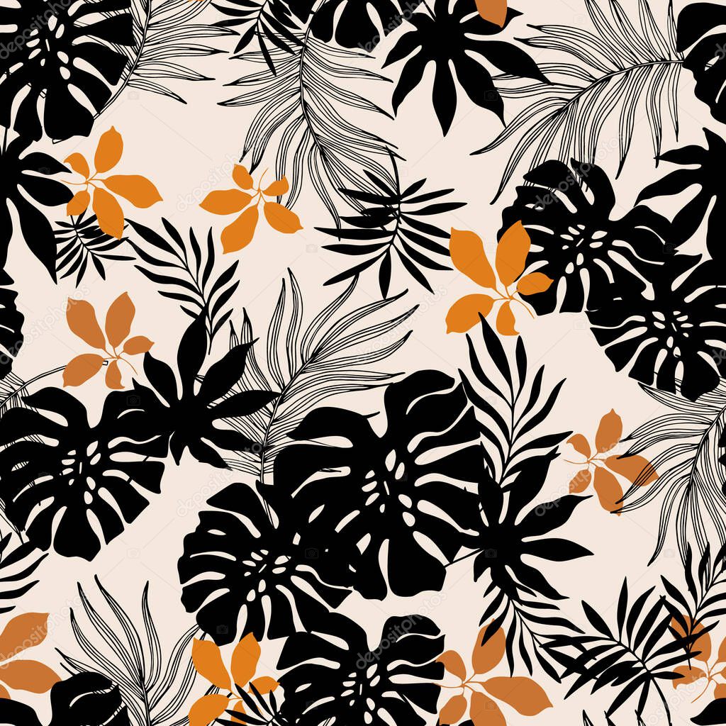 Tropical nature seamless pattern. Hand drawn tropical summer background: palm, monstera leaves in silhouette, line art styles. Vector tropics illustration in black, white, golden colors