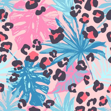 Parlak tropikal yapraklar ve karikatür leopar kamuflaj benekleri arka planda. Soyut, pürüzsüz palmiye canavarı, yapraklar, hayvan derisi izleri. Yüzey tasarımı, kumaş, ambalaj, duvar kağıdı için vektör sanatı