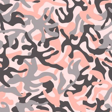 Soyut kamuflaj kusursuz desen. Kamuflaj arka planı, doğal kıvrımlı dalgalı şekiller, şekiller. Çiçeklere özgü askeri baskı. Yüzey tasarımı, duvar kağıdı, tekstil için vektör illüstrasyonu.