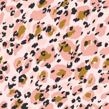 Animal print skin seamless pattern. Leopard`s spotted fur imitation. Creative leopard rosettes background. Hand drawn art in pink golden colors. Vector illustration for surface wrapping, fabric design